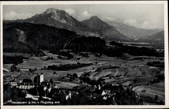Postcard Neubeuern in Upper Bavaria, aerial photograph, mountains, valley, hamlet, buildings