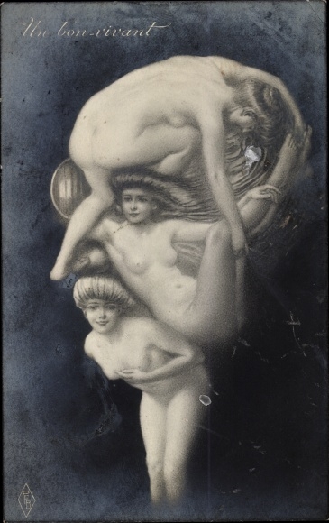 Artist Postcard Female body, male face with monocle, metamorphosis, PFB