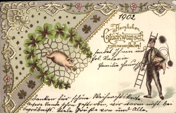 Embossed Chromo-Litho Happy New Year, chimney sweep with ladder and pig, horseshoe made of clover leaves