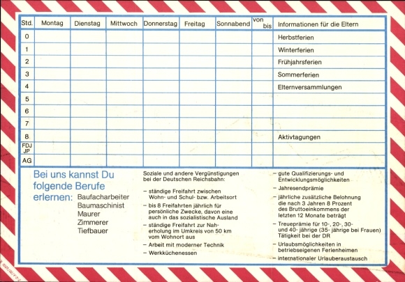 GDR German Reichsbahn timetable, occupations in the Reichsbahn construction department around 1980