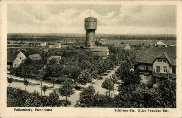Postcard Berlin Treptow Altglienicke, Schirner Straße corner Preußenstraße, Water Tower, Falkenberg