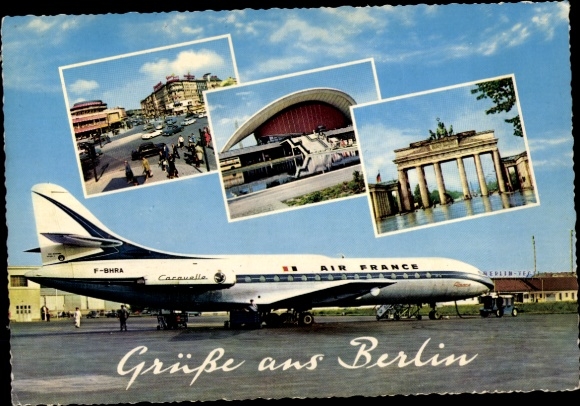 Ak Berlin Reinickendorf Tegel, Flughafen, Brandenburger Tor, Air France, Caravelle, F-BHRA, TXL