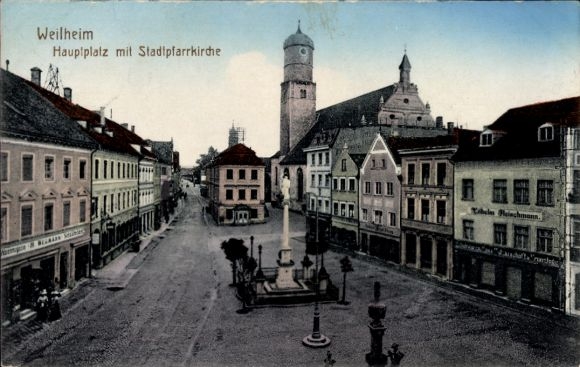 Postcard Weilheim in Oberbayern, main square, parish church