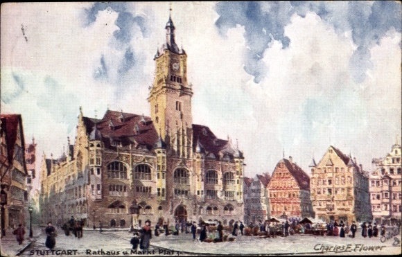 Artist PC Flower, Charles, Stuttgart, City Hall and Market Square, Tuck 653B