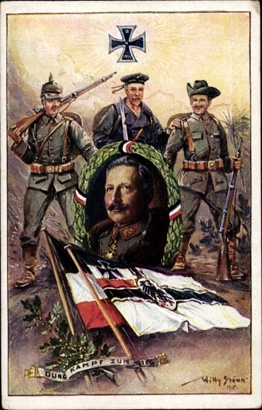 Künstler Ak Stöwer, Willy, Durch Kampf zum Sieg, Kolonialkriegerdank, Fahnen, Seemann, Soldaten
