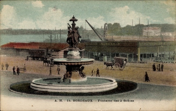 Ansichtkaart Bordeaux Gironde, Fontein van de Drie Gratiën, mensen, voertuigen, haven