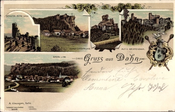 Chromo-Litho Dahn in the Palatinate, Jungfernsprung, Grafendahn, castle ruins, Drachenfels