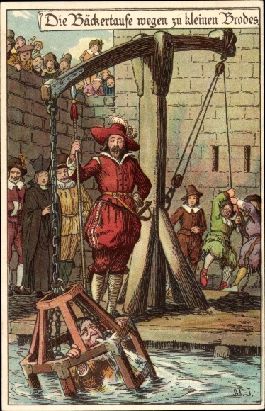 Artist Chromo-Litho Jodolfi, The baker&#39;s baptism because of too small bread, punishments in the Middle Ages