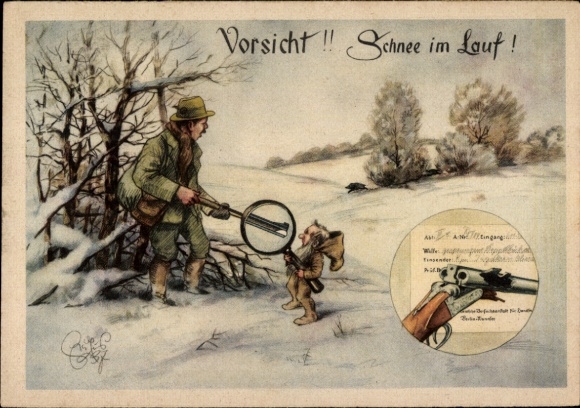 Artist PC Geilfus, H., caution, snow while running, hunter, dwarf, hunting accident