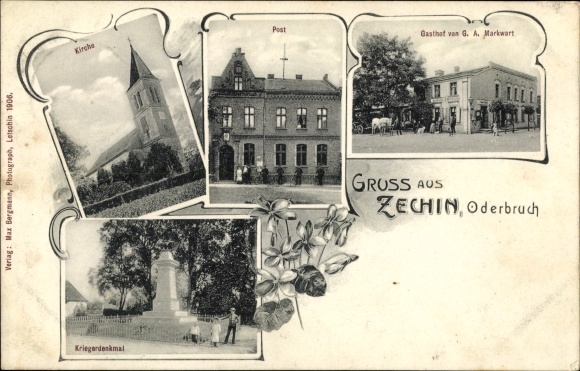 Postcard Zechin im Oderbruch, church, post office, inn by GA Markwart, war memorial