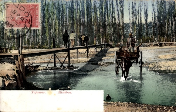 Postcard Mendoza Argentina, bridge over water, people, carts, trees, Tajamar