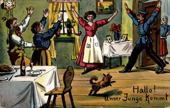 Postcard Hello! Our boy is coming, soldier with family