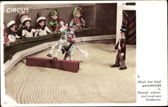 Postcard circus, manege, wooden figures, horse training