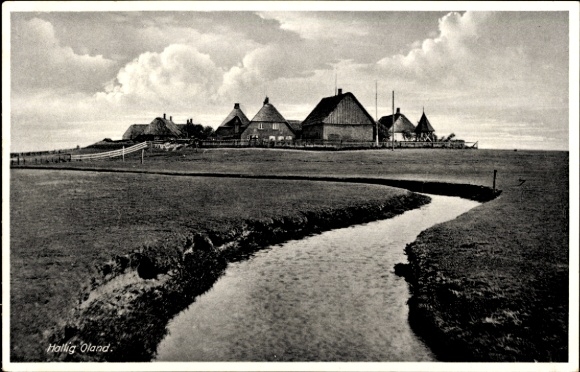 Ak Hallig Oland in Noord-Friesland, zicht op de plaats