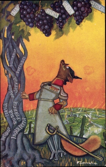 Artist PC De Vos en de druiven, Kaiser Wilhelm II as a fox, battlefield, I. WK