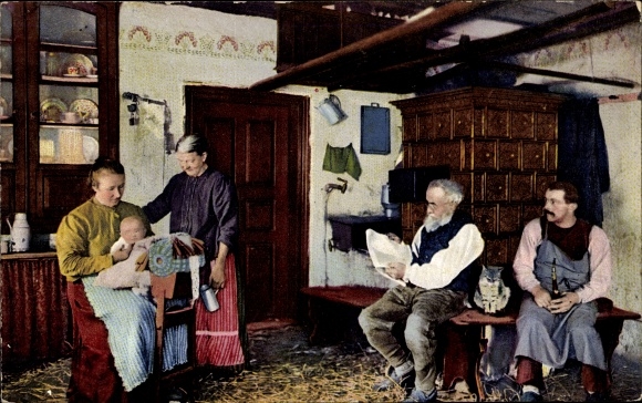 Postcard farmer&#39;s room in the Ore Mountains, family, bobbin bag