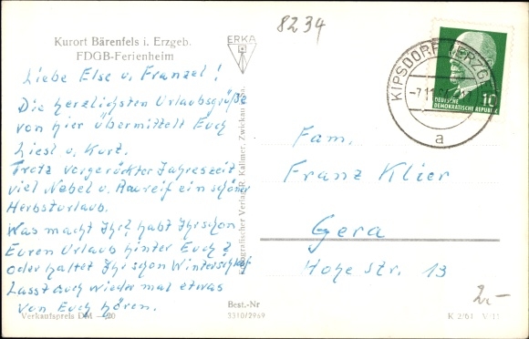 Postcard Bärenfels Altenberg in the Ore Mountains, FDGB holiday home