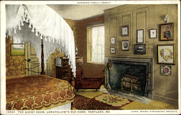 Ak Portland Maine USA, het oude huis van Longfellow, de logeerkamer