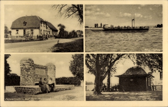 Postcard Kornsand Geinsheim Trebur am Rhein, guest house for relaxation, ferry, Zeppelinstein, refreshment house