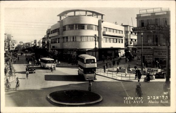 Postcard Tel Aviv Jaffa Israel, city view, Allenby Road, cars, buses, 1947