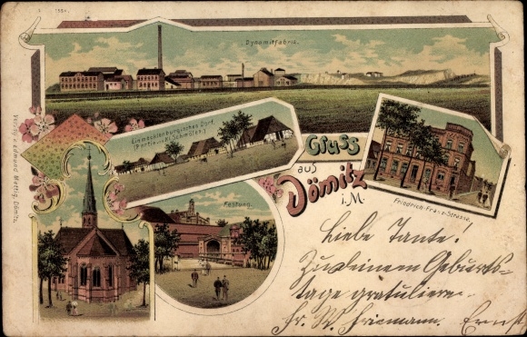 Chromo-Litho Dömitz on the Elbe, Friedrich Franz Straße, fortress, dynamite factory, church