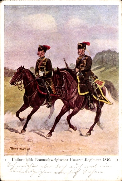 Kunstenaarsbriefkaart Beyer-Pegau, Braunschweig Huzarenregiment 1870, uniformen