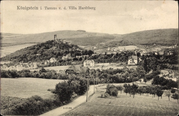 Postcard Königstein im Taunus, landscape with Königstein, Villa Hardtberg, hills, trees, roads