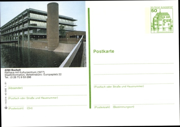 Postwaardekaart ansichtkaart Bocholt in Münsterland, gemeentehuis met cultureel centrum