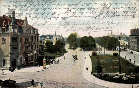 Postcard Herrenhausen Hannover in Lower Saxony, Herrenhäuser Allee, park landscape, buildings, people