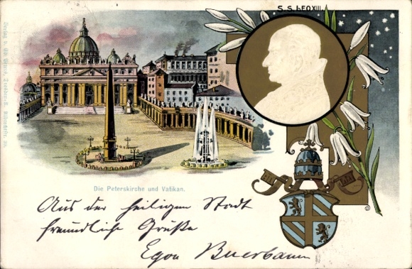 Embossed litho Vatican, Pope Leo XIII, Vincenzo Gioacchino Pecci, silver jubilee, coat of arms