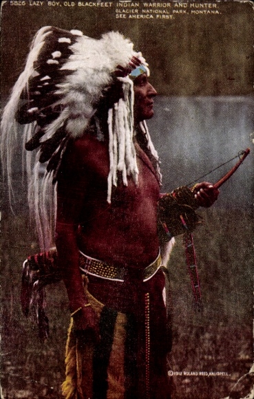 Postcard North American ethnic types, man with plume