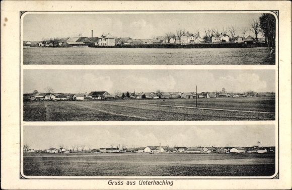 Ak Unterhaching in Opper-Beieren, panoramisch uitzicht op het dorp, velden, huizen en Zuger