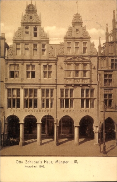 Ak Münster in Westfalen, Cafe Restaurant, Conditorel, Otto Schucan's Haus, Neubau 1908