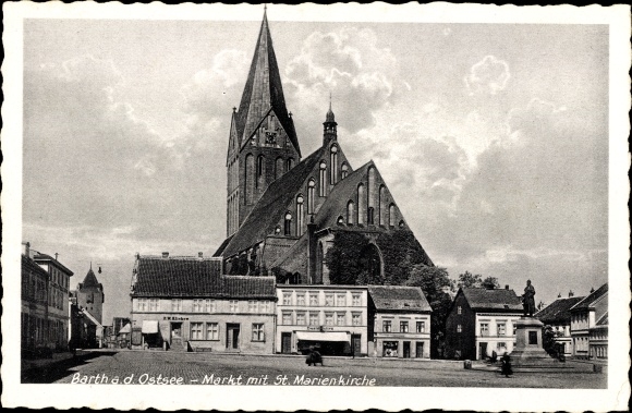 Postcard Barth on the Baltic Sea, market with St. Mary's Church