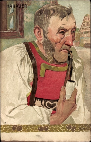 Kunstenaar litho Bühler, Hanau am Main, Hanauer met pijp, kostuum
