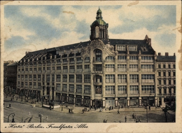 Postcard Berlin Friedrichshain, Hertie, Department Store and Department Store GmbH, Frankfurter Allee 5-7