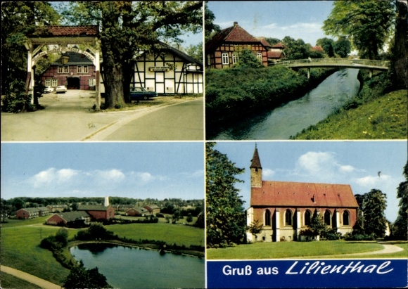 KP Lilienthal Dolna Saksonia, częściowe widoki, kościół, domy z muru pruskiego, most