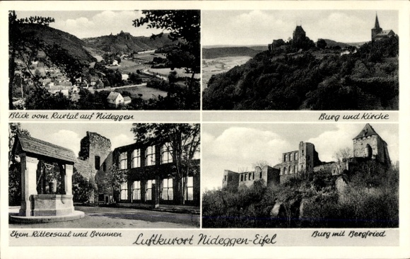 Postcard Nideggen in the Eifel, view from the Rur valley to the castle and church, former knights' hall and fountain,...