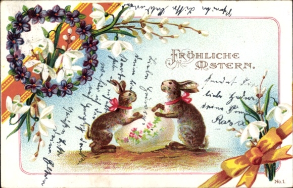 Chromo-Litho Congratulations Easter, Two bunnies with an egg, snowdrops