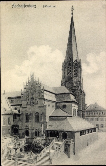 Postcard Aschaffenburg in Lower Franconia, Aschaffenburg Collegiate Church, church, tower, stairs, architecture