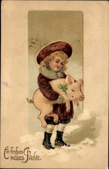 Chromo-Litho Happy New Year, cloverleaf, child with pig