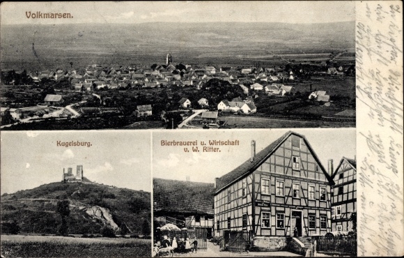 Postcard Volkmarsen in Hesse, Panorama, Kugelsburg, beer brewery and business W. Ritter