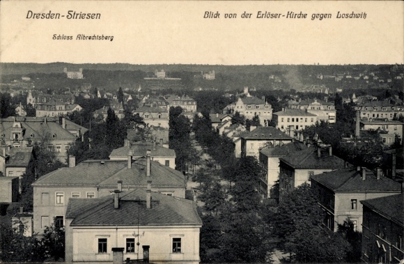Ak Dresden Striesen, uitzicht vanaf de Verlosserkerk richting Loschwitz, Kasteel Albrechtsberg