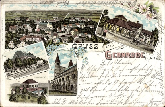 Litho Gernrode Quedlinburg im Harz, Kirche, Sternhaus, Stubenberg, Bahnhof