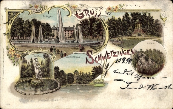 Postcard Schwetzingen in Baden, historical buildings, fountains, sculptures, city view, nmotiv