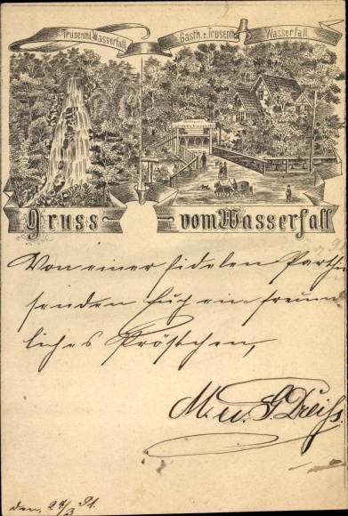 Vorläufer Litho Brotterode Trusetal in Thüringen, Wasserfall, Gasthaus