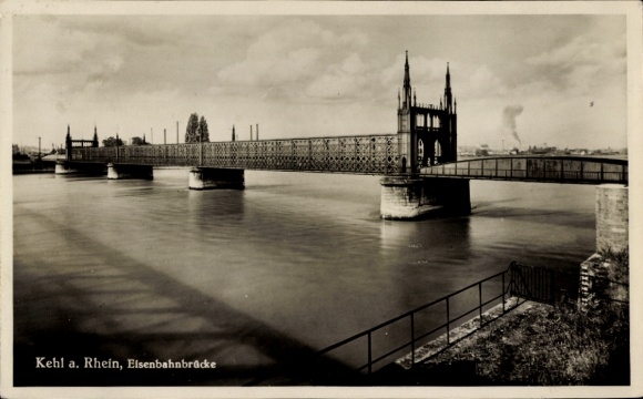 Postcard Kehl am Rhein, railway bridge, river view, architecture