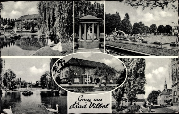 Ak Bad Vilbel in Hessen, Kurhaus met zwanenvijver, oevergedeelte, buitenzwembad