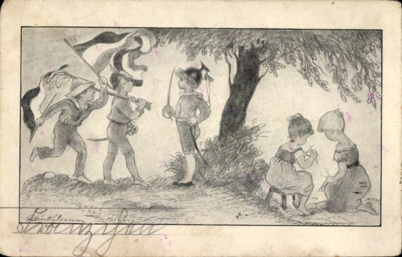 Artist Postcard Children as Soldiers, Boy with Flag, Girl Knitting