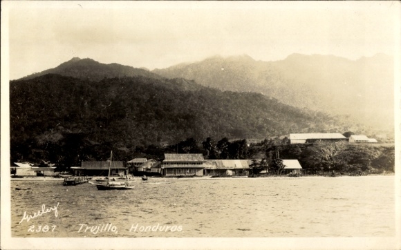 Postcard Trujillo Honduras, village seen from the water